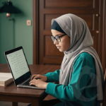 12 years old A English girl learn Quran, wearing hijab, wearing hand free and glasses on head doing ...