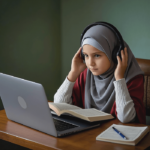 12 years old girl learn Quran, wearing hijab, wearing headphone on head doing online class emanlink